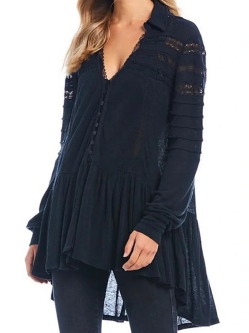 Free People Black Lace-Trim Button-Front Tunic